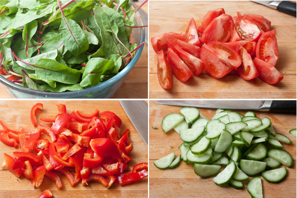 Овощи и салатные листья вымойте, обсушите и нарежьте достаточно крупно. Не забудьте удалить семена у перца.