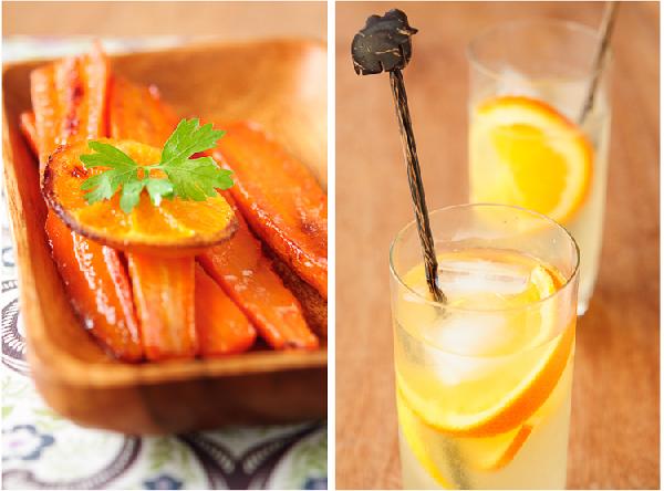 Запекать 25 минут при 180 градусах и 15 минут под грилем, пока морковь не приобретет золотистый цвет.  Если остались дольки  апельсина и лимона, из них  можно сделать лимонад – проварить дольки в сахарном сиропе(5-7 минут), процедить, добавить немного апельсиновой воды (orange blossom water) остудить, сироп разбавить газированной или негазированной водой. Подавать со льдом и дольками свежих цитрусовых.