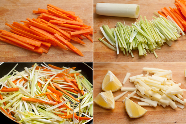 Морковь, белую часть лука-порея и кабачок порезать тонкой соломкой. Морковь и порей обжарить на сковороде с растительным маслом в течение 5 минут.