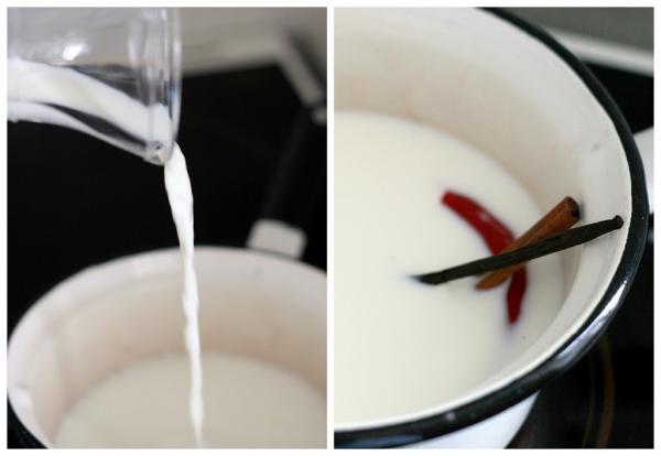 Кладем половину стручка ванили, перец чили и корицу в сотейник и заливаем молоком. 