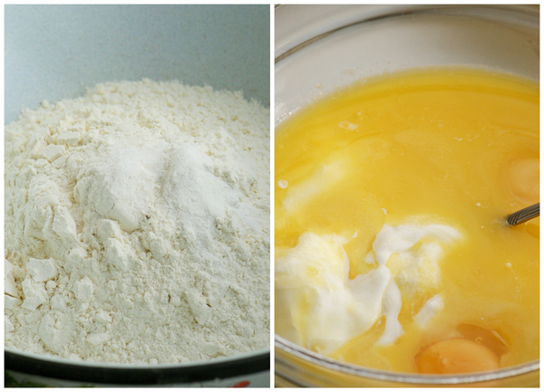 Растапливаем сливочное масло, немного остужаем. Яйца взбиваем с сахаром и добавляем в масло. Туда же добавляем сметану.  Муку просеиваем и соединяем с солью и разрыхлителем.