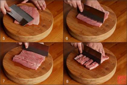Мясо. Конечно, можно просто нарезать мясо небольшими кусками, но лучше поступить следующим образом. Вырезку следует «раскрыть», то есть, надрезать по всей длине, на высоте двух третей, но не до конца (рис. 1). Отогнуть надрезанный кусок, затем развернуть вырезку на 180 градусов (рис. 2) и надрезать также, не до конца, но уже посередине куска (рис. 3). Должен получиться широкий и плоский пласт (рис. 4).