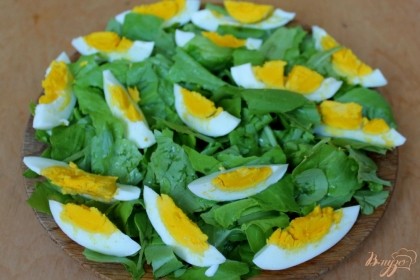 Вареные яйца разрезаем на кусочки и выкладываем на листья салата.