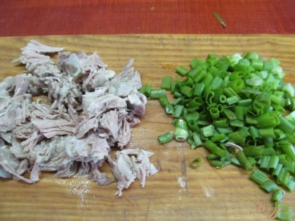 Нарезать свинину, зелень и лук.