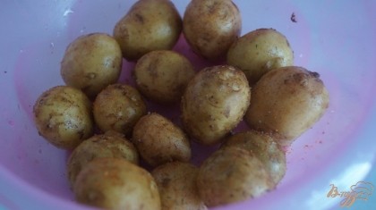 Молодой картофель промыть, посолить и добавить приправу для картофеля. перемешать.