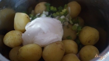 В картофель добавить лук, укроп и сметану.