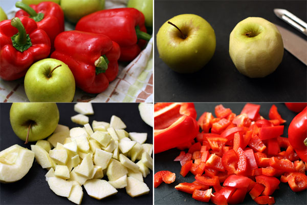 Вымойте перец и яблоки, очистите и нарежьте кусочками.