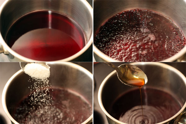 В сотейник налейте вино, доведите его до кипения, сразу же уменьшите огонь до минимального и готовьте при слабом кипении 5 минут. Добавьте сахар, гвоздику и ванильный экстракт. Можно вместо экстракта положить стручок ванили, разрезанный вдоль, поварить немного, выскрести из него семена и добавить в соус.