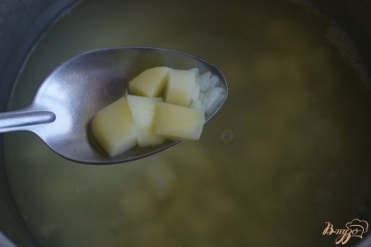 Через 15-20 минут после того как вода с рисом закипит кладем картофель и солим суп по вкусу. Варим 5 минут.