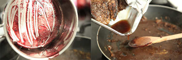 Уменьшаем огонь до среднего и добавляем в сковороду выпаренную винную жидкость и (если вы накрывали стейки фольгой) собранный сок.