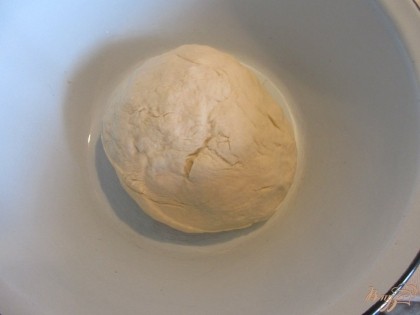 Вынимаем тесто из миски, добавляем еще около 1 ст. муки и месим, пока оно не перестанет липнуть к рукам. Выкладываем тесто в миску, смазанную растительным масло и ставим в теплое место примерно на 1 час.