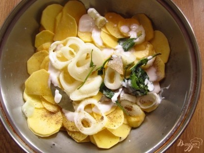 Картофель положите в сковороду в какой можно запекать. Потом добавьте лук, свежий базилик, сливки, соль, черный молотый перец, лавровый лист, воду. Перемешайте картофель руками.