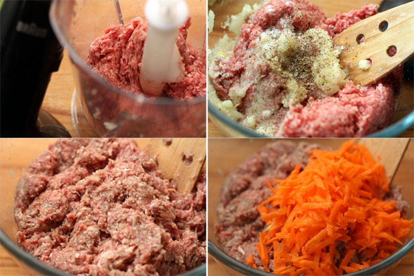 Приготовьте фарш из мяса, добавьте в него измельченный лук и чеснок, посолите и поперчите. Добавьте натертую на крупной терке морковь и перемешайте.