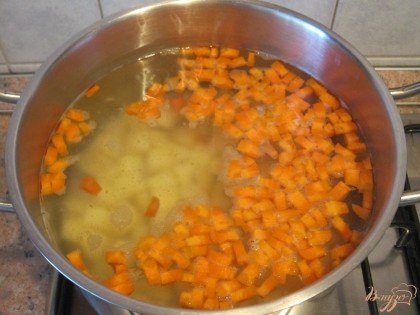 Воду довести до кипения, опустить картофель и морковь.