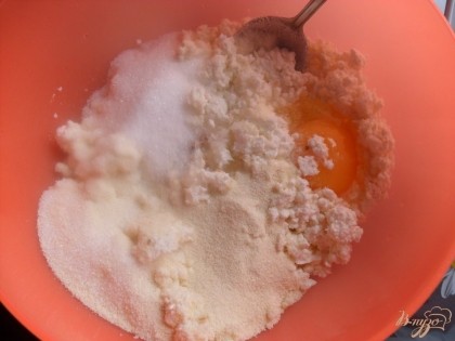 В миску насыпаем творог, яйцо, сахар, манную крупу, ванильный сахар и разрыхлитель. По желанию можно еще добавить изюм.
