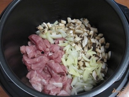 Мясо, лук, чеснок и грибы выложить в чашу мультиварки-скороварки.