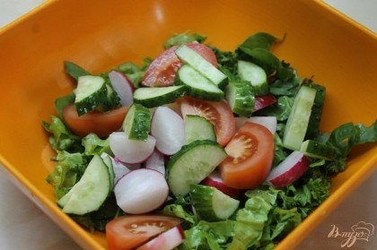К зелени в миску добавить огурец, редис и помидор нарезанные.