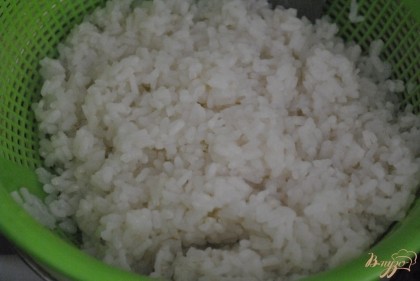 Отварите рис, но не промывайте его. Пусть стечет в дуршляке 3-5 минут