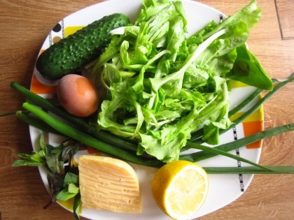 Для приготовления салата нам понадобятся такие продукты: листья салата, огурец, сыр, яйцо, лук, мята, лимон, масло оливковое, соль.