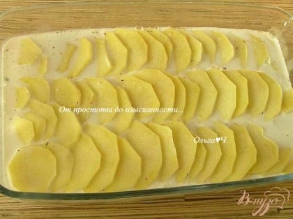 Сверху выложить оставшийся картофель, посолить, поперчить, залить сливками, смешанными с молоком (в оригинале только сливки). Запечатать форму фольгой. Запекать при 220*С 20 минут.
