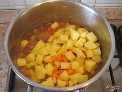 Выложить туда же картофель и морковь, залить водой, поперчить и посолить. Перемешать.