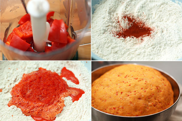Для красного хлеба в просеянную муку с дрожжами и солью нужно добавить молотую паприку и пюре из бланшированного красного перца и воды (около 120 мл). Поставить в тепло для подъема на час.