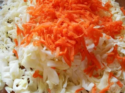 Морковь и капусту шинкуем, лук нарезаем мелким кубиком. Обжариваем овощи на сковородке до готовности. Не забываем посолить и поперчить в процессе приготовления. Желательно, чтобы вся жидкость из овощей выпарилась.