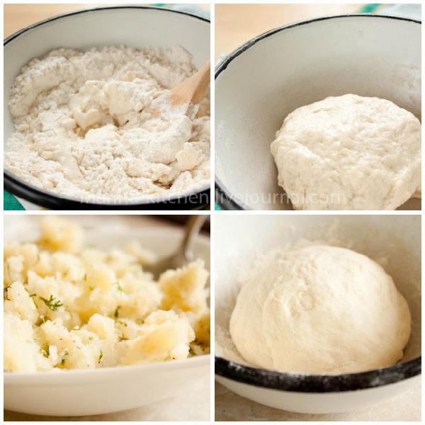 Замесите тесто, добавив растительное масло. Сформируйте шар, смажьте его и миску маслом.  Накройте салфеткой и оставьте подходить на час.  А сами займитесь начинкой. Картофель (2-3 шт) отварите, растолките. Смешайте с солью, перцем, мускатным орехом. Укроп (небольшой пучок) порежьте и добавьте к картофелю. Не забудьте отправить туда же лук. Перемешайте.  Обомните подошедшее тесто.  