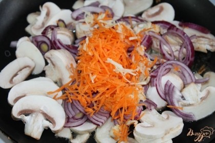 Добавить морковь, чеснок натертые на мелкую терку и лук нарезанный полукольцами. Обжарить все до золотистого цвета.