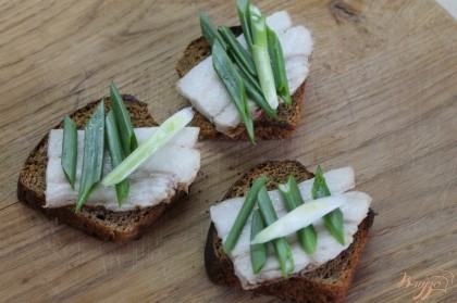 Горячий подсушенный хлеб натереть чесноком и положить сверху сало с зеленым луком.