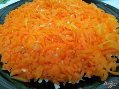 Следующим слоем будет морковь, которую натираем на тёрку с крупными отверстиями. Солим, совсем немного, перчим.