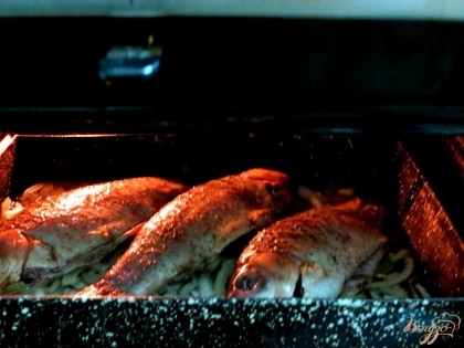Отправляем рыбу в духовку запекаться.Первых 8-10 минут нагрев 200-210*, затем нагрев уменьшаем  и тушим до тех пор, пока рыба не покроется золотистым цветом, а вода не испарится.