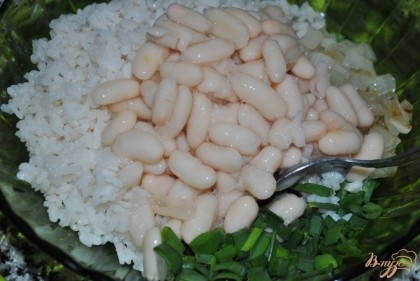 Соединить фасоль, рис, зеленый лук и белый жареный лук