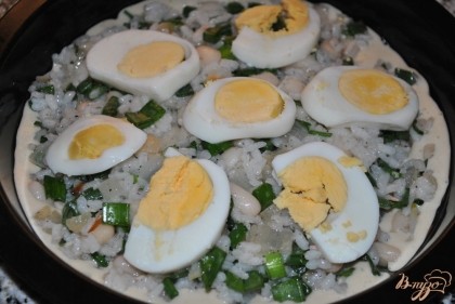 Выложить начинку: рис и нарезанное кольцами яйцо