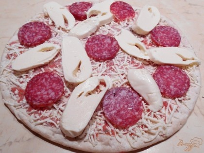Готовую основу для пиццы покрываем кетчупом и натертым твердым сыром. Выкладываем нарезанную кружочками колбасу салями. Шарик сыра моцареллы нарезаем на продолговатые пластины и выкладываем на пиццу.