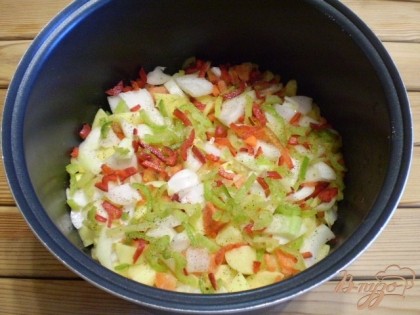  Готовить рагу можно как в глубокой сковороде, так и в чаше мультиварки. Налейте масло. Сложите все овощи. Посолите, поперчите и обжарьте несколько минут до появления овощного аромата.