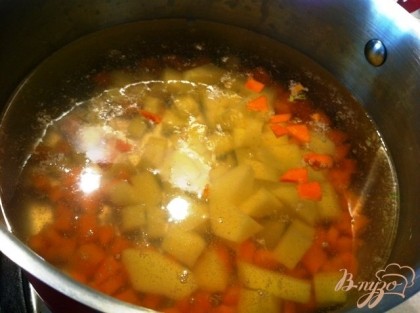В воду кладем мелко порезанный картофель и морковь, варим 15 минут, посоли по вкусу