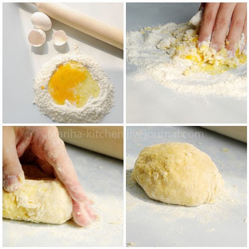 Просейте муку, сделайте углубление по середине. Вбейте яйца и аккуратно смешивайте с мукой (от краев к центру). Месите хорошо.  (пропорция  на 200 гр муки  1 яйцо+1 желток)