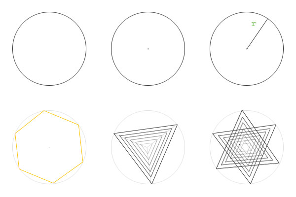Отдельная картинка про то, как нарисовать шаблон. Самая простая звезда для черчения - шестиугольная. Возьмите простой лист бумаги, начертите круг (обведите небольшую тарелку), отметьте на нём центр. Соедините центр с окружностью и замерьте расстояние. Отметьте на окружности шесть точек, расположенных на отмеренном расстоянии друг от друга. Теперь нужно соединить точки через одну, получаем треугольник. Внутри него нарисуйте пять треугольников поменьше. Так же поступите с остальными тремя точками и, вуаля, шаблон готов!