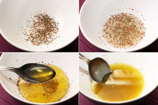 Для заправки "винегрет" смешайте свежесмолотый перец с солью и уксусом, перемешайте, чтобы соль растворилась, а затем добавьте масло и хорошо размешайте.