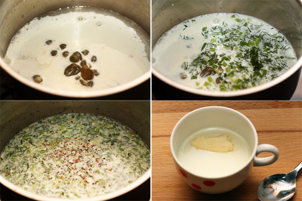 Чтобы приготовить соус налейте в сотейник жидкость, оставшуюся от запекания рыбы (саму рыбу уберите в теплое место, чтобы она не остыла). Добавьте сливки, нарезанную зелень и каперсы, поперчите. <p> В отдельной емкости смешайте молоко с кукурузной мукой и влейте в соус. Все перемешайте до однородной консистенции.