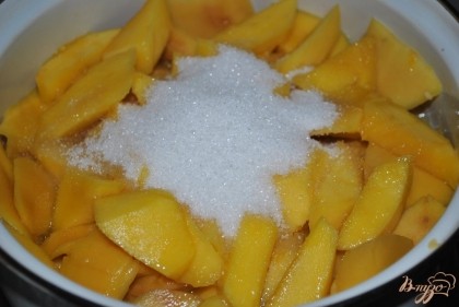 Сложить манго в кастрюлю, добавить апельсиновый сок и сахар.