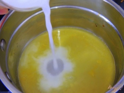 Отжимаем сок апельсина. В кастрюльку или сковородку выливаем апельсиновый сок, сок половины лимона, сахар по вкусу. Нагреваем так, чтобы сахар растворился. Добавляем воду с крахмалом ( 1/2 ст. воды +1 ч.л. сахара +1 ч.л. крахмала) - мешаем, соус должен получиться немного густым.