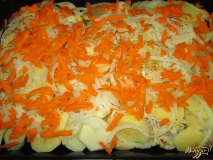 Порезанный полукольцами лук и натертую морковь.