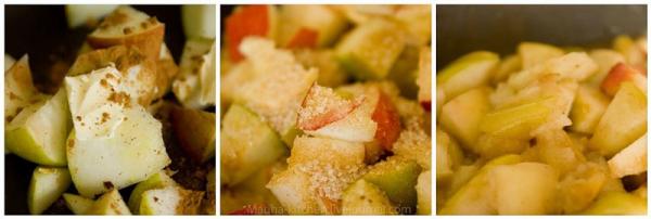 Для начинки яблоки некрупно порезать и припустить в сливочном масле с сахаром и специями (около 5 минут).