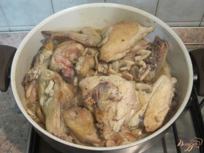 Грибы добавить к курице, посолить, поперчить, перемешать и тушить 20 минут.