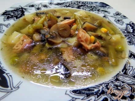 Суп со спаржевой фасолью и грибами