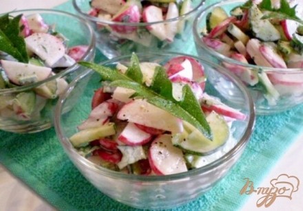 Овощной салат с листьями одуванчика и сметаной