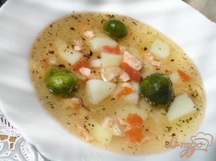 Суп с лососем, брюссельской капустой и помидорами