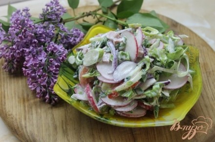 Салат с овощей  и ветчины с луком - пореем